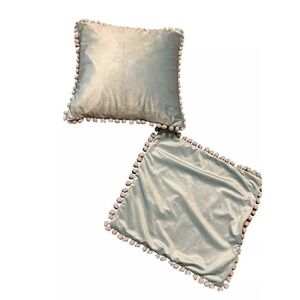 Set of 2 Velvet Pillow Covers Ice‎ Blue with Pom poms Boho Baby Bohochic